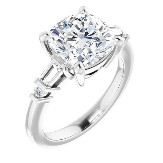 10K White Gold Customizable 5-stone Baguette+Round-Accented Cushion Cut Design)