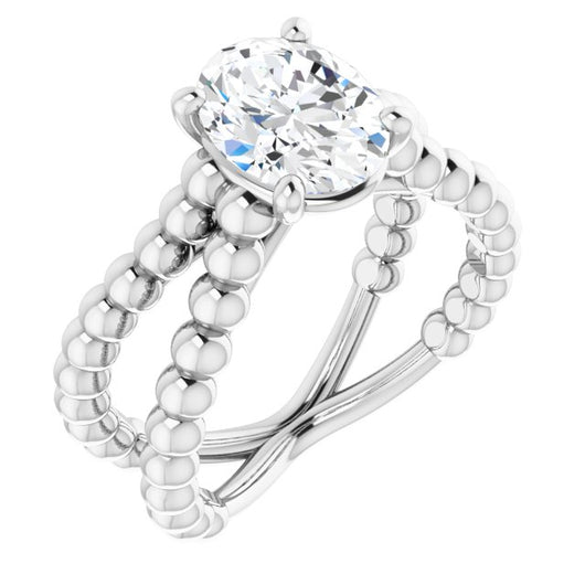 10K White Gold Customizable Oval Cut Solitaire with Wide Beaded Split-Band