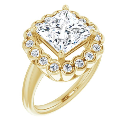 10K Yellow Gold Customizable 13-stone Princess/Square Cut Design with Floral-Halo Round Bezel Accents