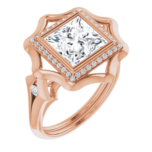 10K Rose Gold Customizable Bezel-set Princess/Square Cut with Halo & Oversized Floral Design