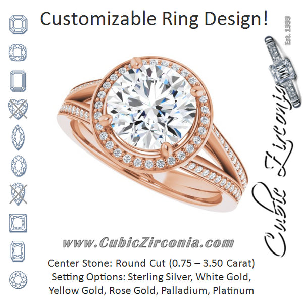 Cubic Zirconia Engagement Ring- The Carrie (Customizable Round Cut Design with Split-Band Shared Prong & Halo)