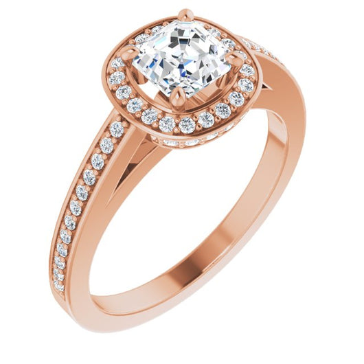 10K Rose Gold Customizable Cathedral-set Asscher Cut Design with Halo, Thin Pavé Band & Round-Bezel Peekaboos