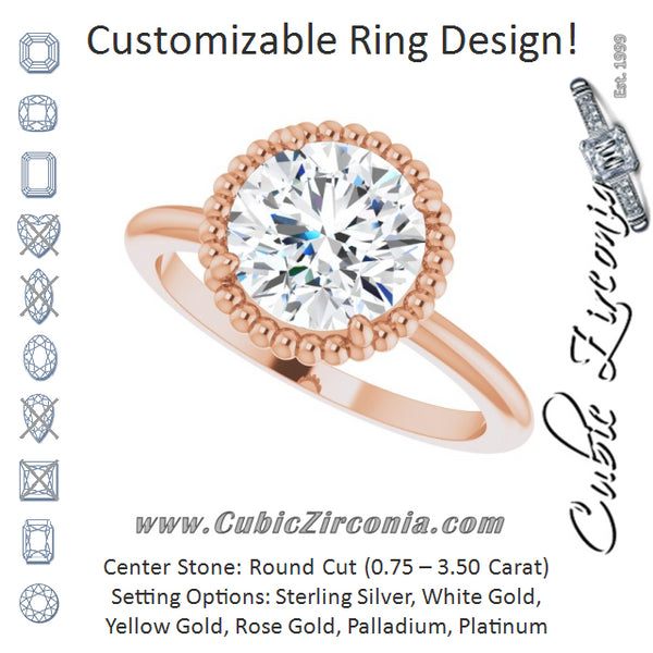 Cubic Zirconia Engagement Ring- The Jubilee (Customizable Round Cut Solitaire with Beaded Metallic Milgrain)