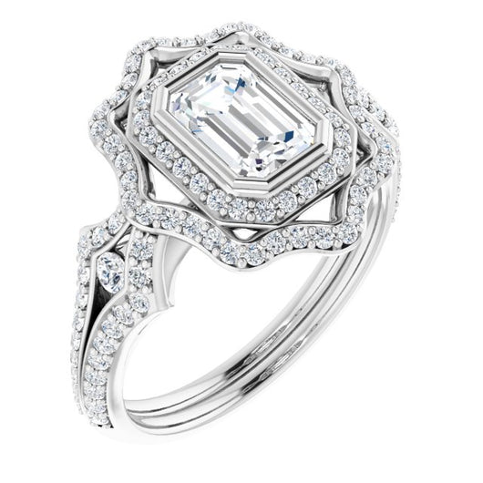 10K White Gold Customizable Emerald/Radiant Cut Style with Ultra-wide Pavé Split-Band and Nature-Inspired Double Halo