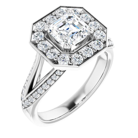 10K White Gold Customizable Asscher Cut Center with Large-Accented Halo and Split Shared Prong Band