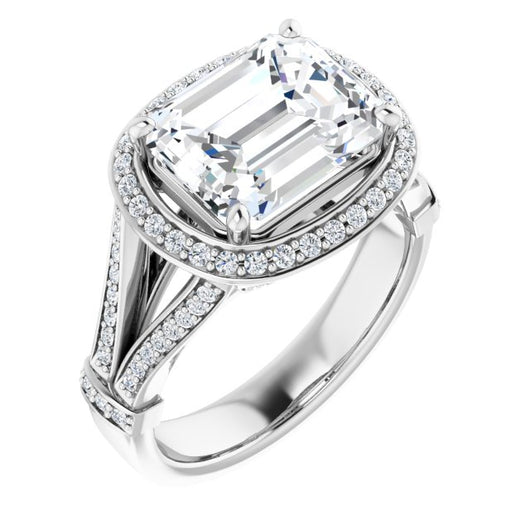 10K White Gold Customizable Emerald/Radiant Cut Setting with Halo, Under-Halo Trellis Accents and Accented Split Band