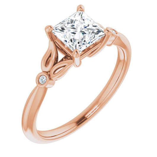 10K Rose Gold Customizable 3-stone Princess/Square Cut Design with Thin Band and Twin Round Bezel Side Stones