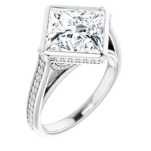 10K White Gold Customizable Cathedral-Bezel Princess/Square Cut Design with Under Halo and Shared Prong Band