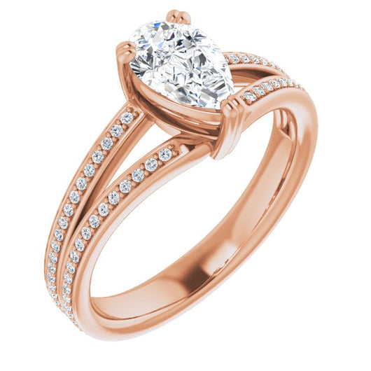 10K Rose Gold Customizable Pear Cut Center with 100-stone* "Waterfall" Pavé Split Band