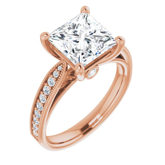 10K Rose Gold Customizable Princess/Square Cut Style featuring Milgrained Shared Prong Band & Dual Peekaboos