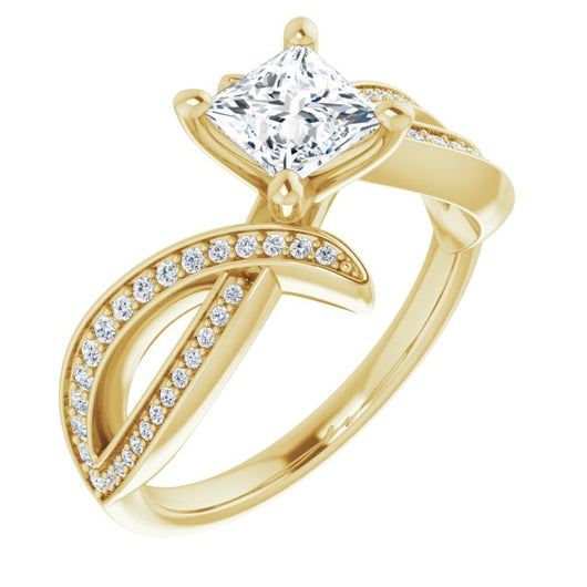 10K Yellow Gold Customizable Princess/Square Cut Design with Swooping Pavé Bypass Band