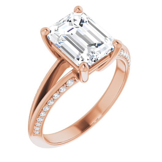 10K Rose Gold Customizable Emerald/Radiant Cut Center with 4-sided-Accents Knife-Edged Split-Band