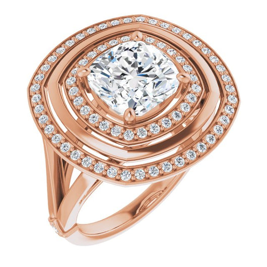 10K Rose Gold Customizable Cushion Cut Oversized 2x Halo Style with Knuckle Accented Split Band