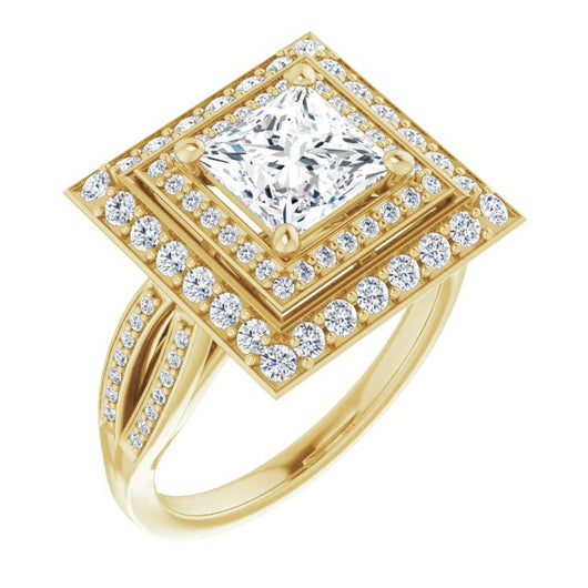 10K Yellow Gold Customizable Cathedral-style Princess/Square Cut Design with Double Halo & Split-Pavé Band