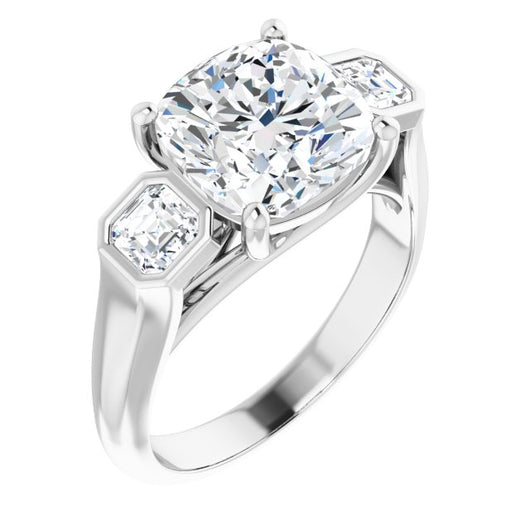 10K White Gold Customizable 3-stone Cathedral Cushion Cut Design with Twin Asscher Cut Side Stones