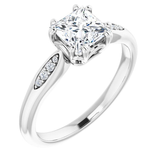 10K White Gold Customizable 9-stone Princess/Square Cut Design with 8-prong Decorative Basket & Round Cut Side Stones