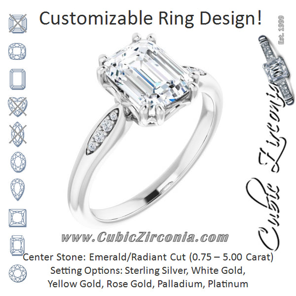 Cubic Zirconia Engagement Ring- The Sandhya (Customizable 9-stone Emerald Cut Design with 8-prong Decorative Basket & Round Cut Side Stones)