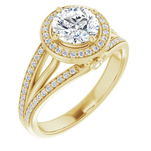 10K Yellow Gold Customizable High-set Round Cut Design with Halo, Wide Tri-Split Shared Prong Band and Round Bezel Peekaboo Accents