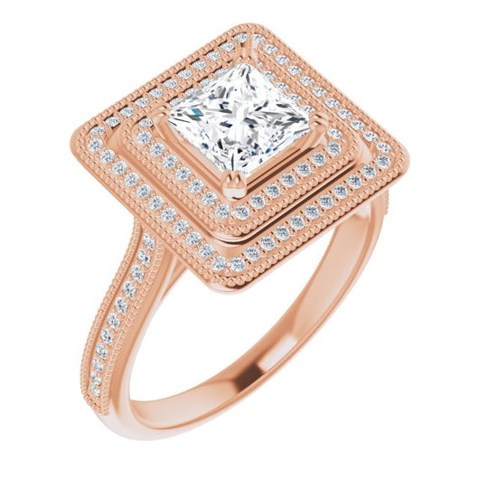 10K Rose Gold Customizable Princess/Square Cut Design with Elegant Double Halo, Houndstooth Milgrain and Band-Channel Accents