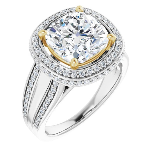 14K White & Yellow Gold Customizable Halo-style Cushion Cut with Under-halo & Ultra-wide Band