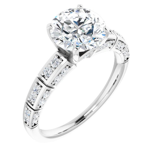 18K White Gold Customizable Round Cut Style with Three-sided, Segmented Shared Prong Band