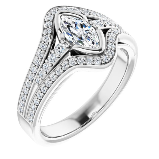 10K White Gold Customizable Cathedral-Bezel Marquise Cut Design with Wide Triple-Split-Pavé Band