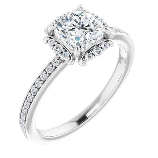 10K White Gold Customizable Cushion Cut Style with Halo and Thin Shared Prong Band