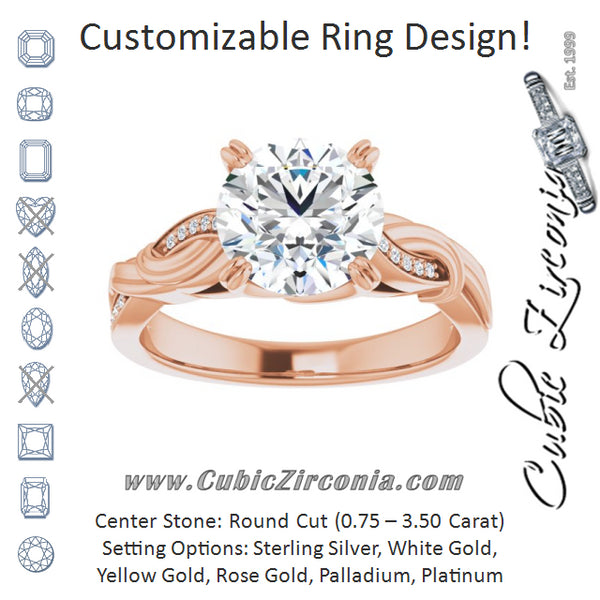 Cubic Zirconia Engagement Ring- The Fabiola (Customizable Cathedral-raised Round Cut Design featuring Rope-Braided Half-Pavé Band)