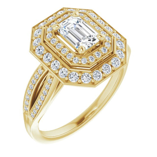 10K Yellow Gold Customizable Cathedral-style Emerald/Radiant Cut Design with Double Halo & Split-Pavé Band