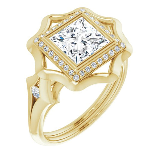 10K Yellow Gold Customizable Bezel-set Princess/Square Cut with Halo & Oversized Floral Design