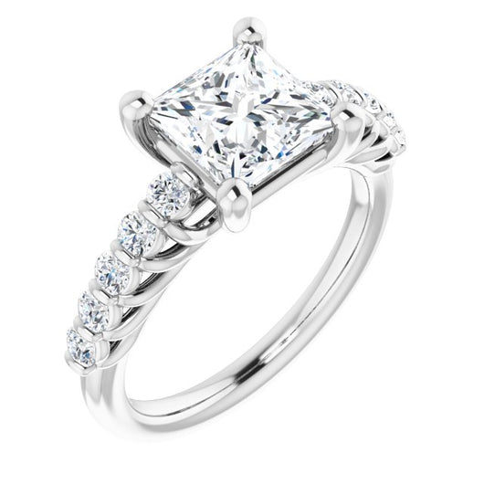 10K White Gold Customizable Princess/Square Cut Style with Round Bar-set Accents