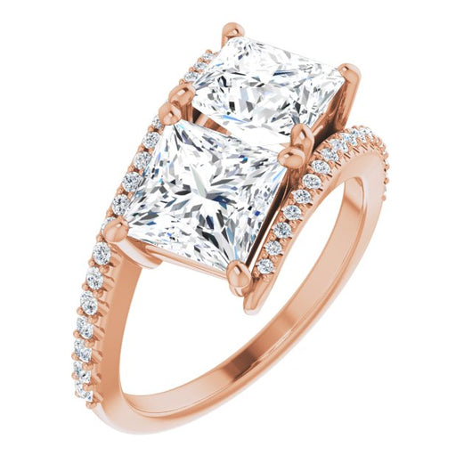 10K Rose Gold Customizable Double Princess/Square Cut 2-stone Design with Ultra-thin Bypass Band and Pavé Enhancement