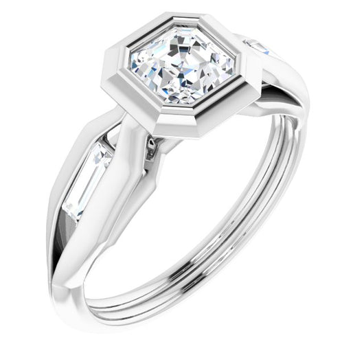 10K White Gold Customizable Bezel-set Asscher Cut Design with Wide Split Band & Tension-Channel Baguette Accents