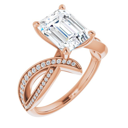 10K Rose Gold Customizable Emerald/Radiant Cut Design with Swooping Pavé Bypass Band