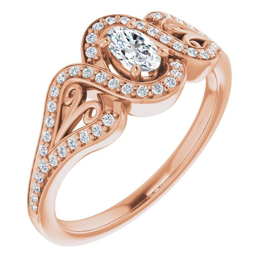 10K Rose Gold Customizable Oval Cut Design with Bypass Halo and Split-Shared Prong Band