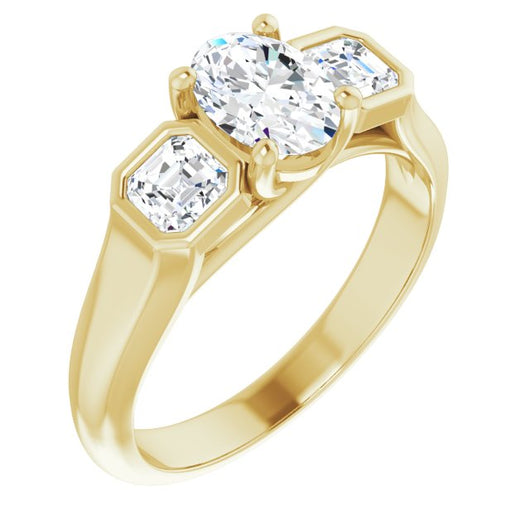 10K Yellow Gold Customizable 3-stone Cathedral Oval Cut Design with Twin Asscher Cut Side Stones