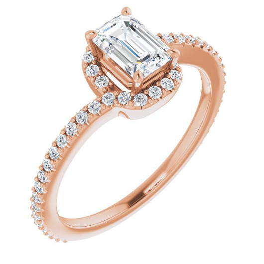 10K Rose Gold Customizable Artisan Emerald/Radiant Cut Design with Thin, Accented Bypass Band