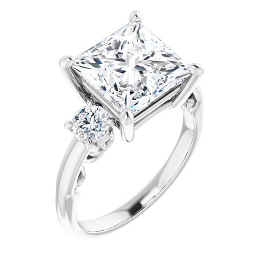 10K White Gold Customizable Princess/Square Cut 3-stone Style featuring Heart-Motif Band Enhancement