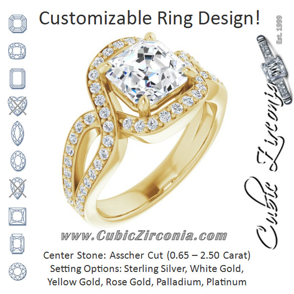 Cubic Zirconia Engagement Ring- The Effie (Customizable Asscher Cut Center with Infinity-inspired Split Shared Prong Band and Bypass Halo)