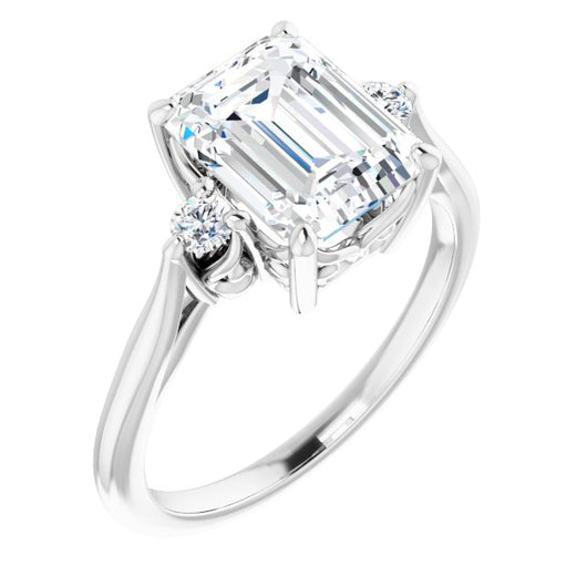 10K White Gold Customizable Three-stone Emerald/Radiant Cut Design with Small Round Accents and Vintage Trellis/Basket