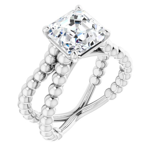 10K White Gold Customizable Asscher Cut Solitaire with Wide Beaded Split-Band