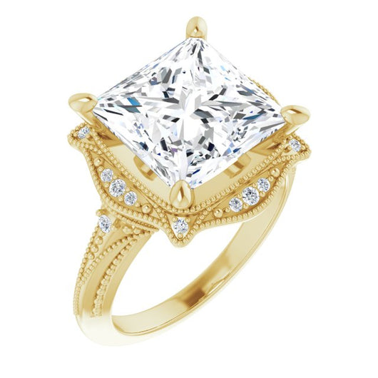 10K Yellow Gold Customizable Vintage Princess/Square Cut Design with Beaded Milgrain and Starburst Semi-Halo