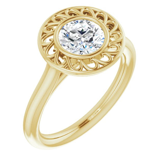 10K Yellow Gold Customizable Cathedral-Bezel Style Round Cut Solitaire with Flowery Filigree