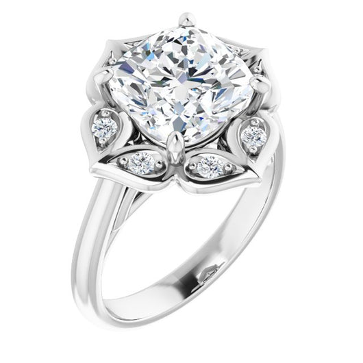 10K White Gold Customizable Cathedral-raised Cushion Cut Design with Star Halo & Round-Bezel Peekaboo Accents