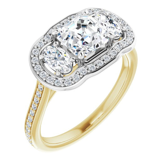 14K Yellow & White Gold Customizable Asscher Cut Style with Oval Cut Accents, 3-stone Halo & Thin Shared Prong Band