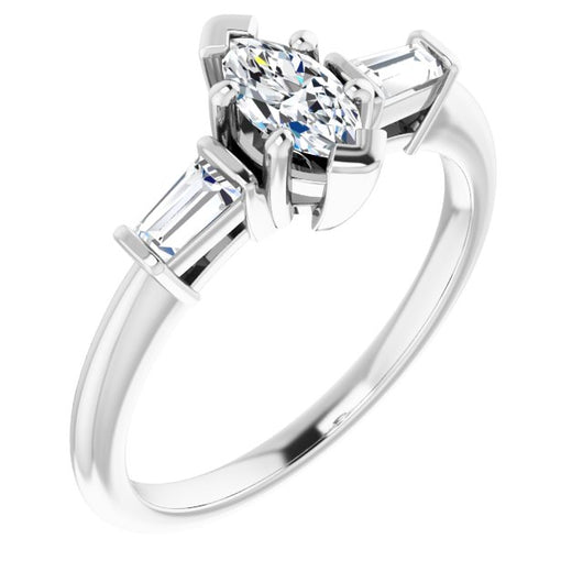 10K White Gold Customizable 3-stone Marquise Cut Design with Dual Baguette Accents)