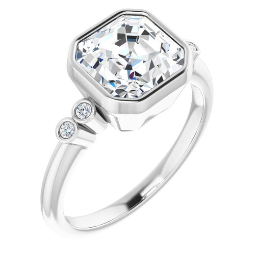 10K White Gold Customizable 5-stone Bezel-set Asscher Cut Design with Quad Round-Bezel Side Stones