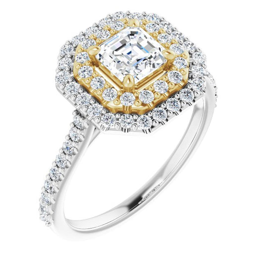 14K White & Yellow Gold Customizable Double-Halo Asscher Cut Design with Accented Split Band