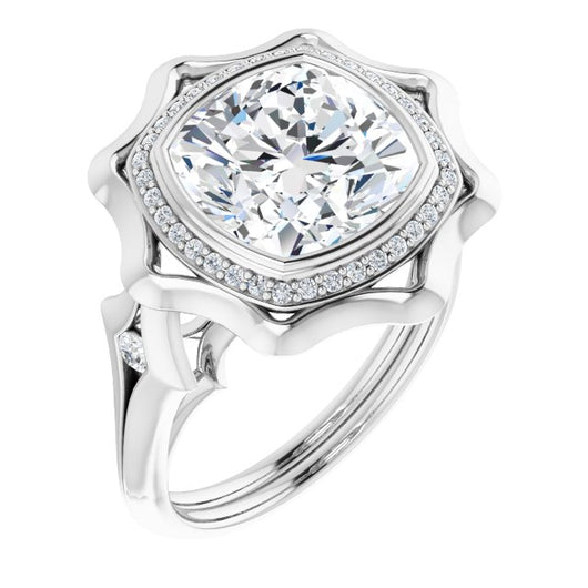 10K White Gold Customizable Bezel-set Cushion Cut with Halo & Oversized Floral Design