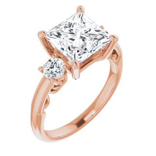 10K Rose Gold Customizable Princess/Square Cut 3-stone Style featuring Heart-Motif Band Enhancement